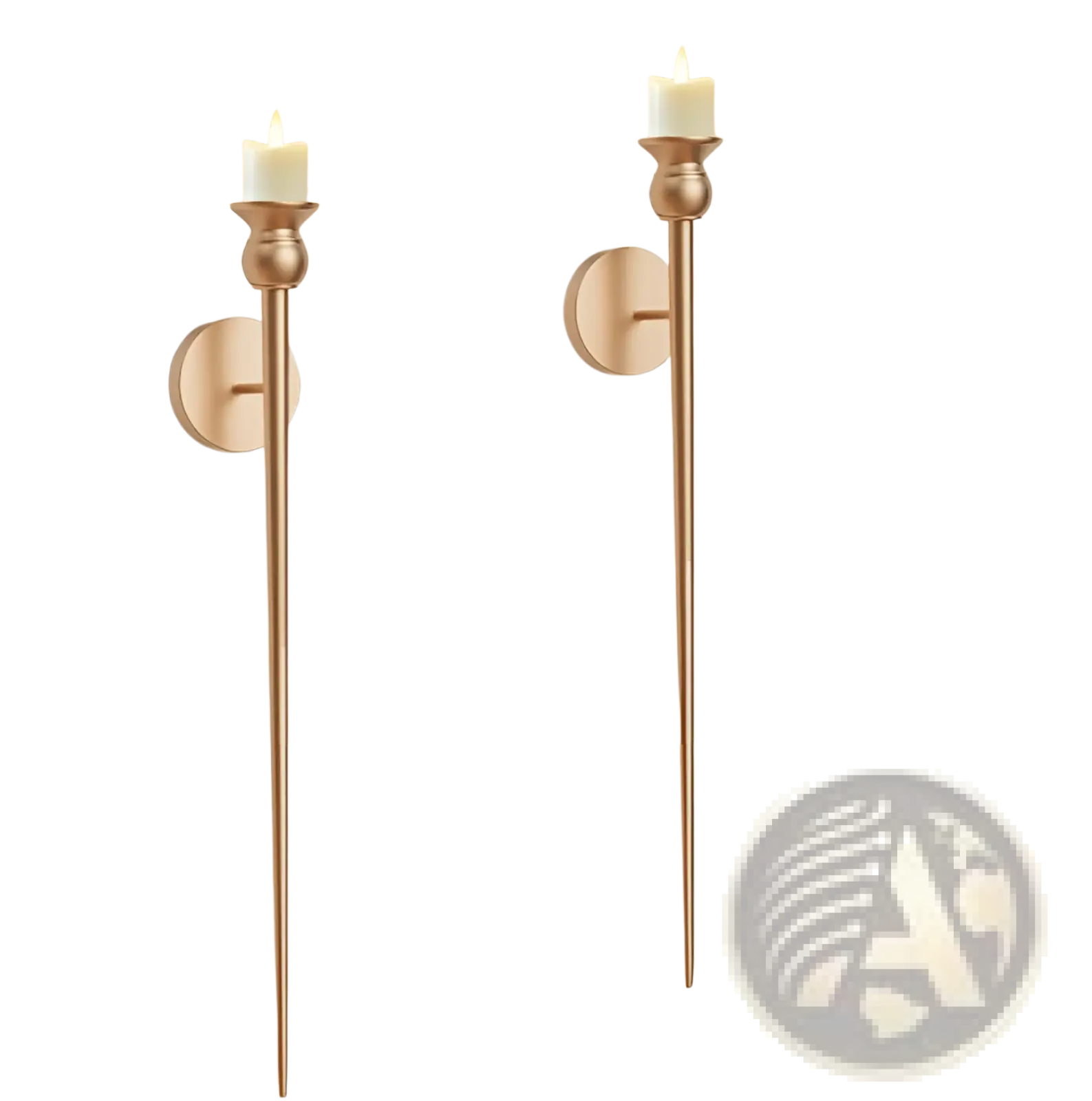 Gold wall sconce with battery operated white candle features a gold toned elongated stem and circular backplate design