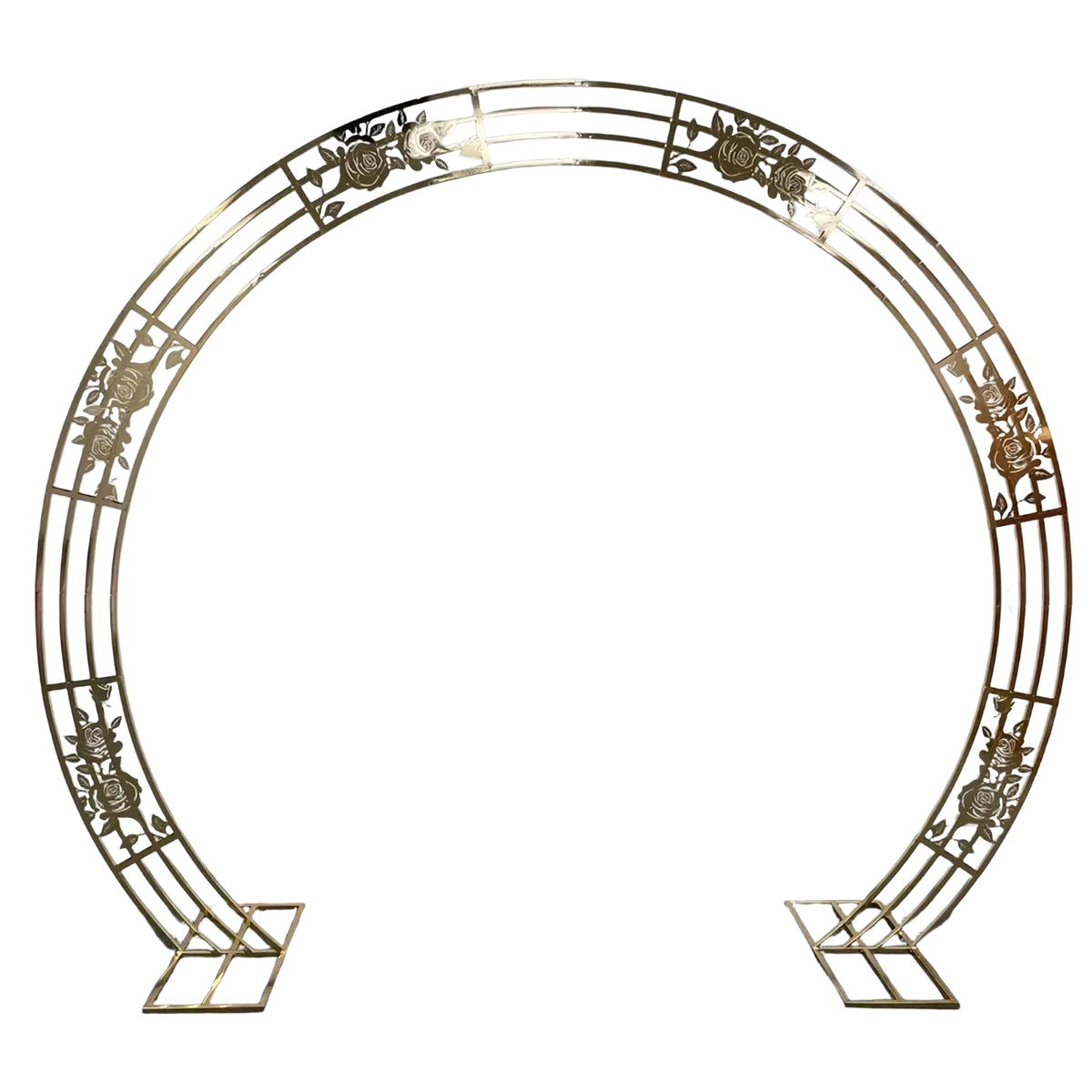 Gold wedding arch backdrop stand made of metal with intricate rose and leaf cutout designs for parties