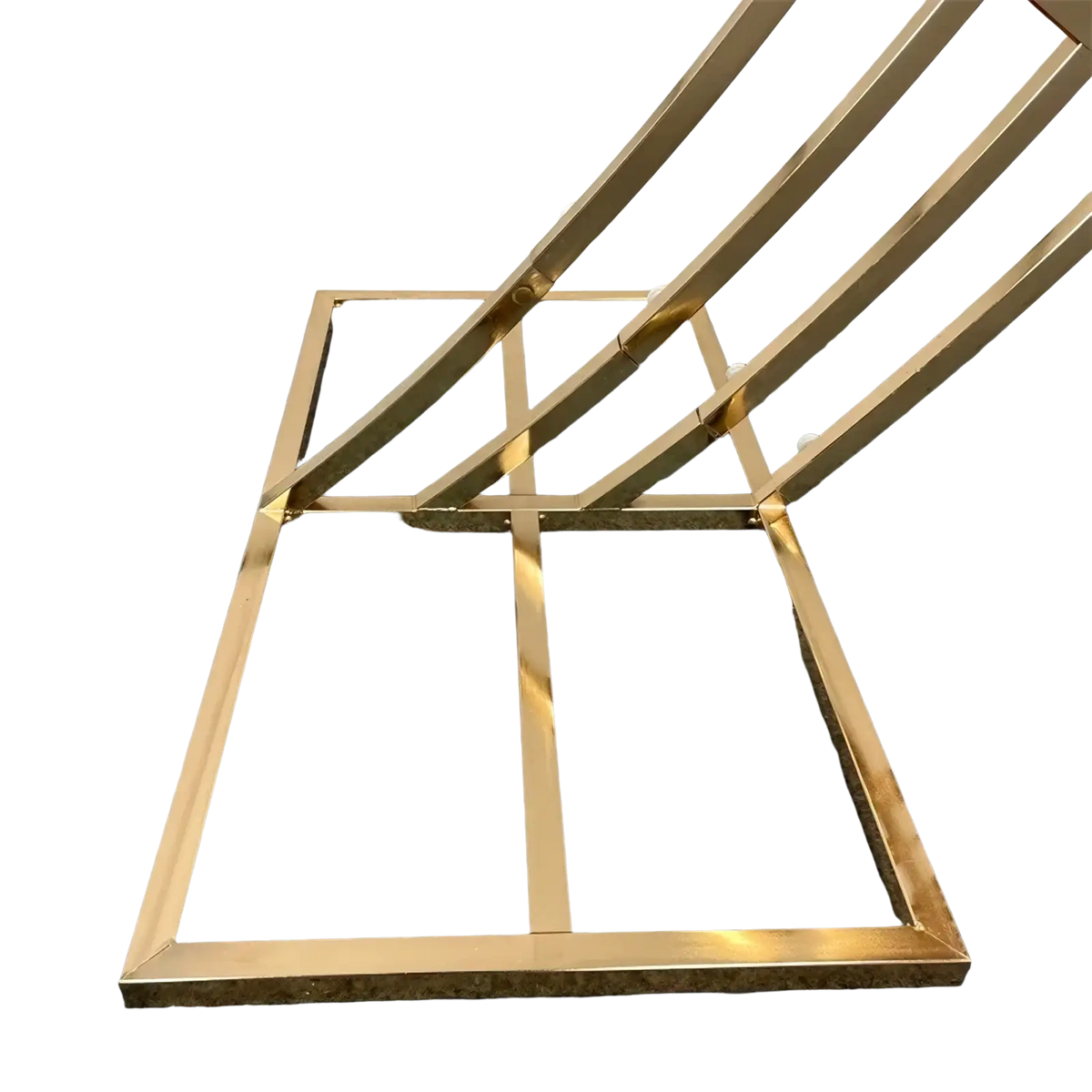 Gold wedding arch backdrop stand featuring a gold-finished metal table base with a modern geometric design