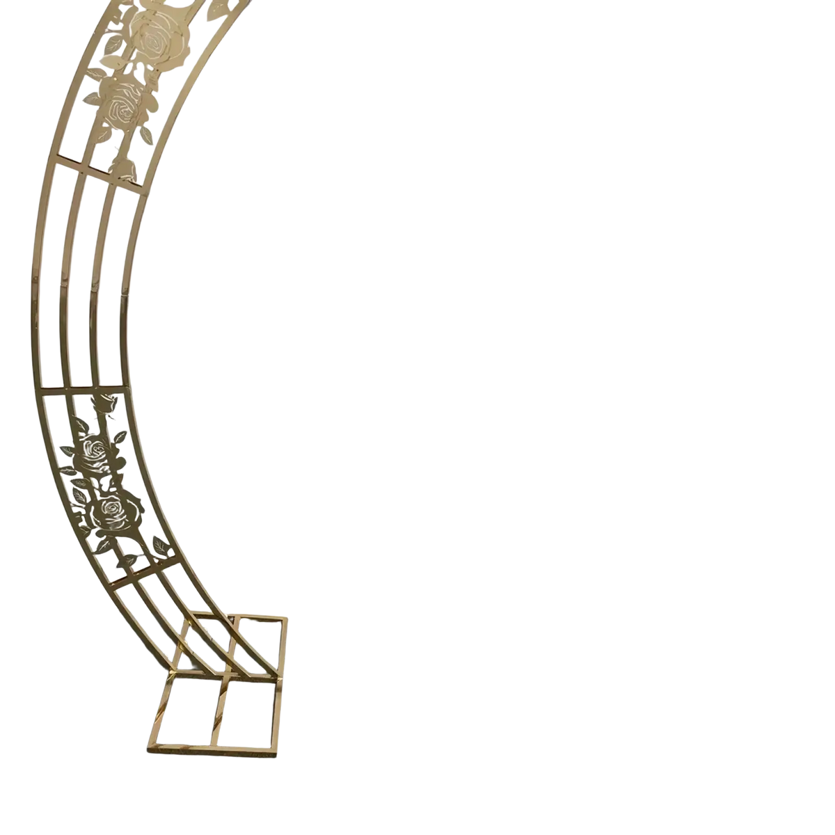 Gold wedding arch backdrop stand featuring rose cutout design in metal for elegant party decorations