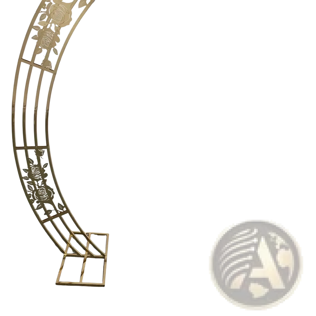 Gold wedding arch backdrop stand featuring rose cutout design in metal for elegant party decorations