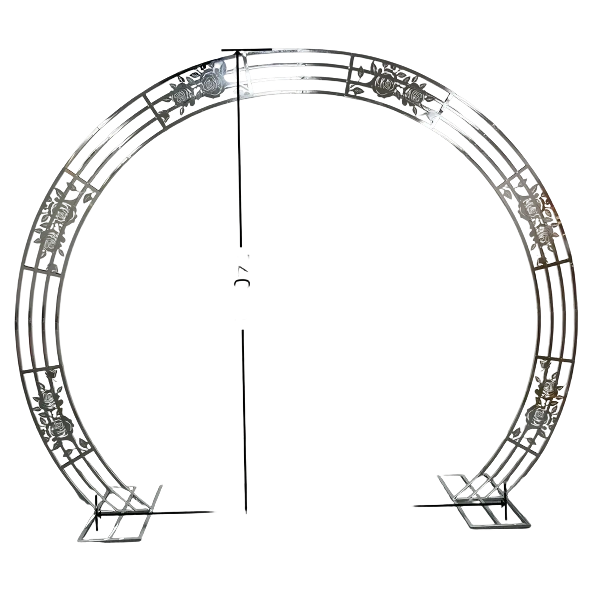 Silver metallic wedding arch backdrop stand with intricate rose and leaf cutout designs for parties