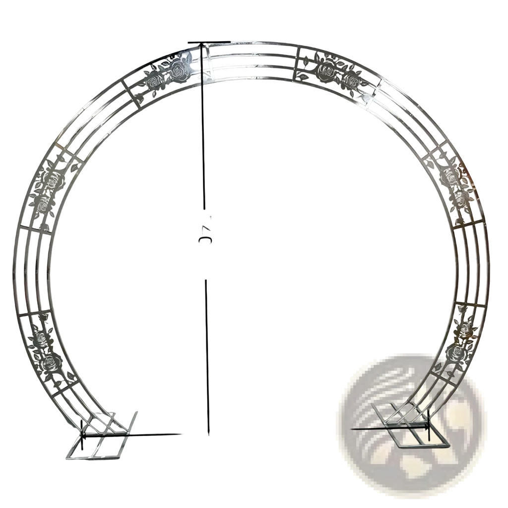 Silver metallic wedding arch backdrop stand with intricate rose and leaf cutout designs for parties