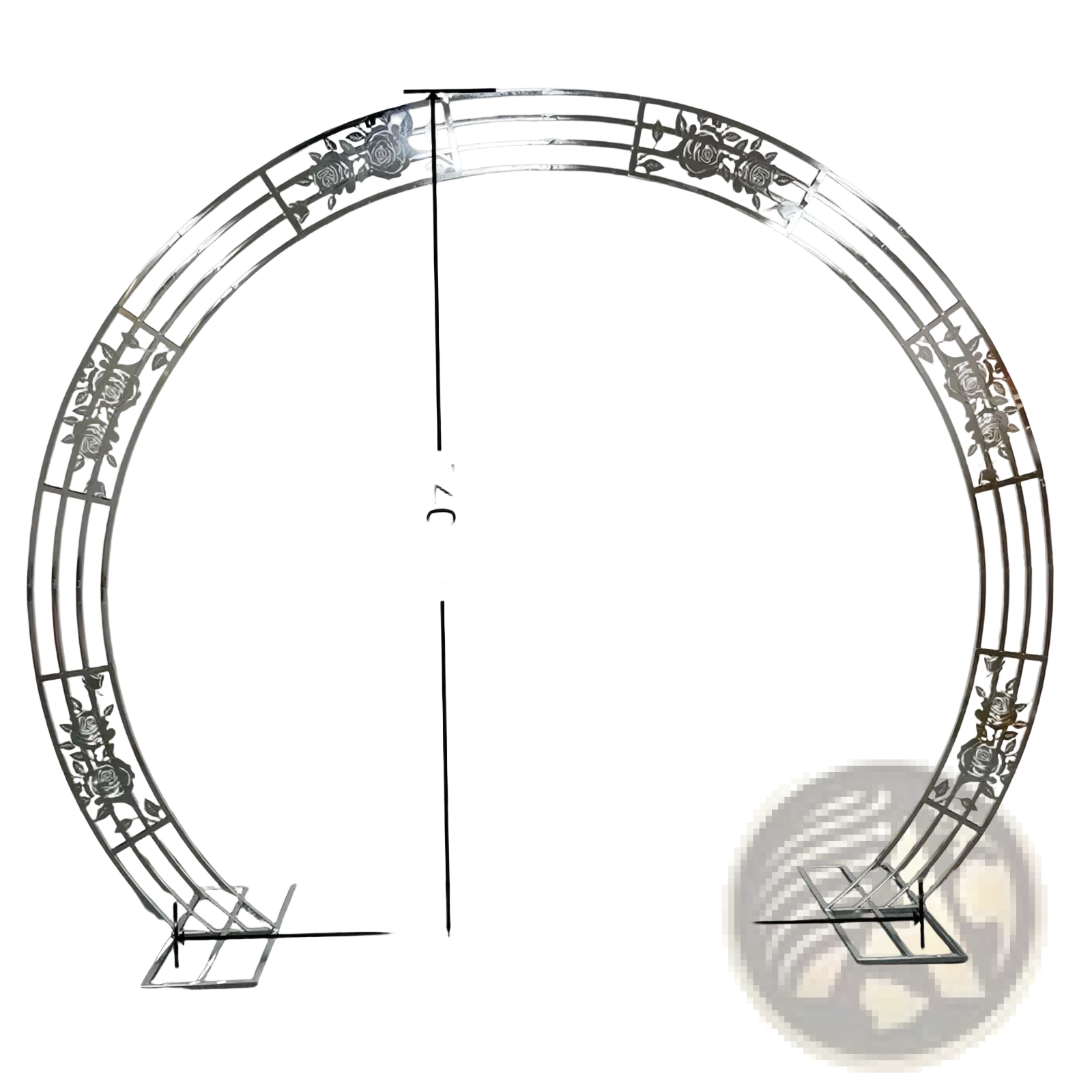 Silver metallic wedding arch backdrop stand with intricate rose and leaf cutout designs for parties