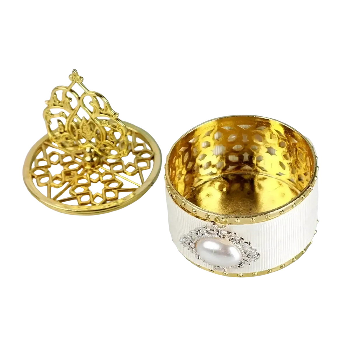 Elegant gold and white ornate wedding candy box with pearl accent decorative gold wedding candy favor container