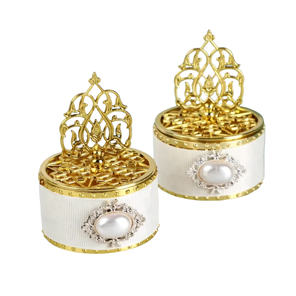 Gold wedding candy box decorative pearl favor container with elegant white ribbon, gold filigree top, and pearl diamond embellishments