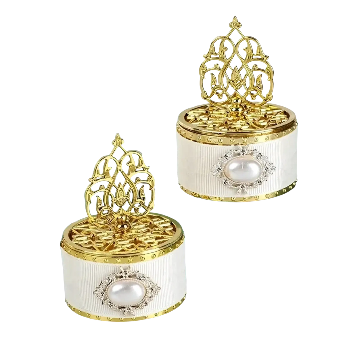 Elegant white ribbed wedding candy box with gold trim and pearl surrounded by crystals for gold wedding candy favors