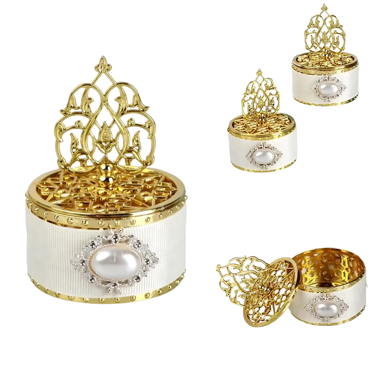 Elegant white and gold wedding candy box with pearl accent and intricate filigree lid for gold wedding candy favors