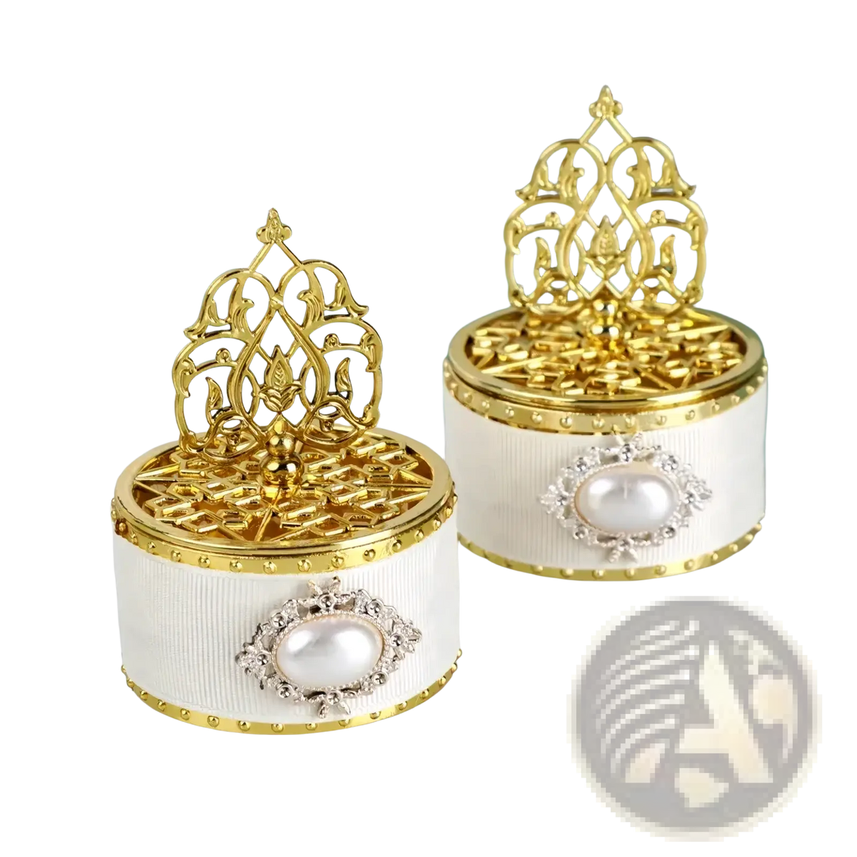 Gold wedding candy box decorative pearl favor container with elegant white ribbon, gold filigree top, and pearl diamond embellishments