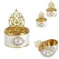 Elegant white and gold ornamental gold wedding candy box with pearl centerpiece and intricate filigree lid for favors