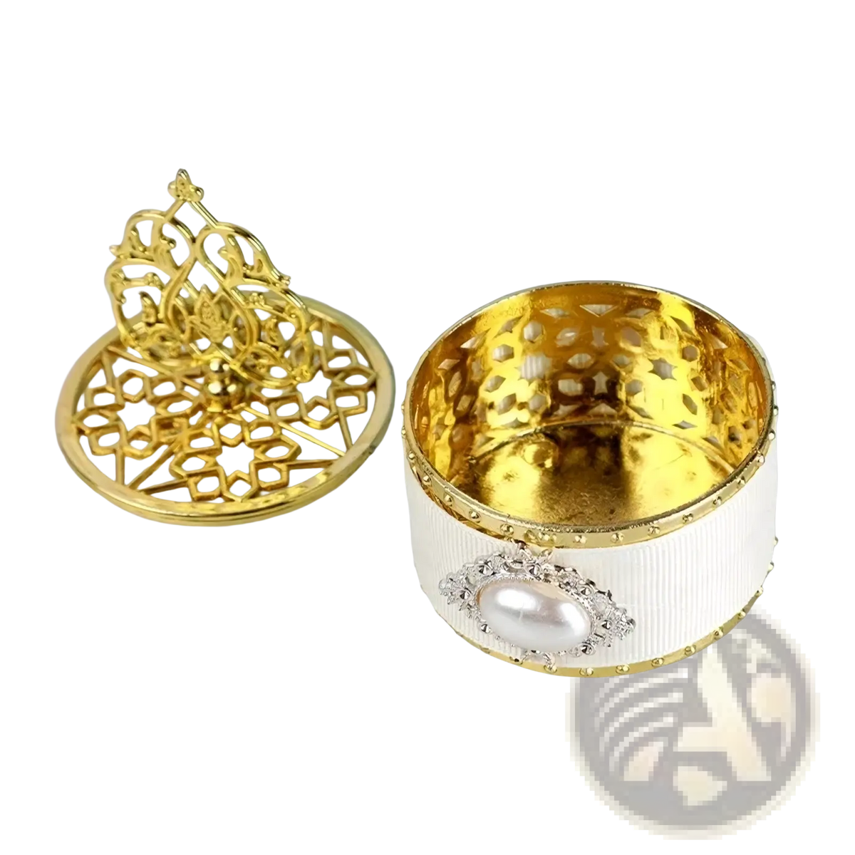 Elegant gold and white gold wedding candy box with intricate filigree lid pearl accent and ribbed exterior design