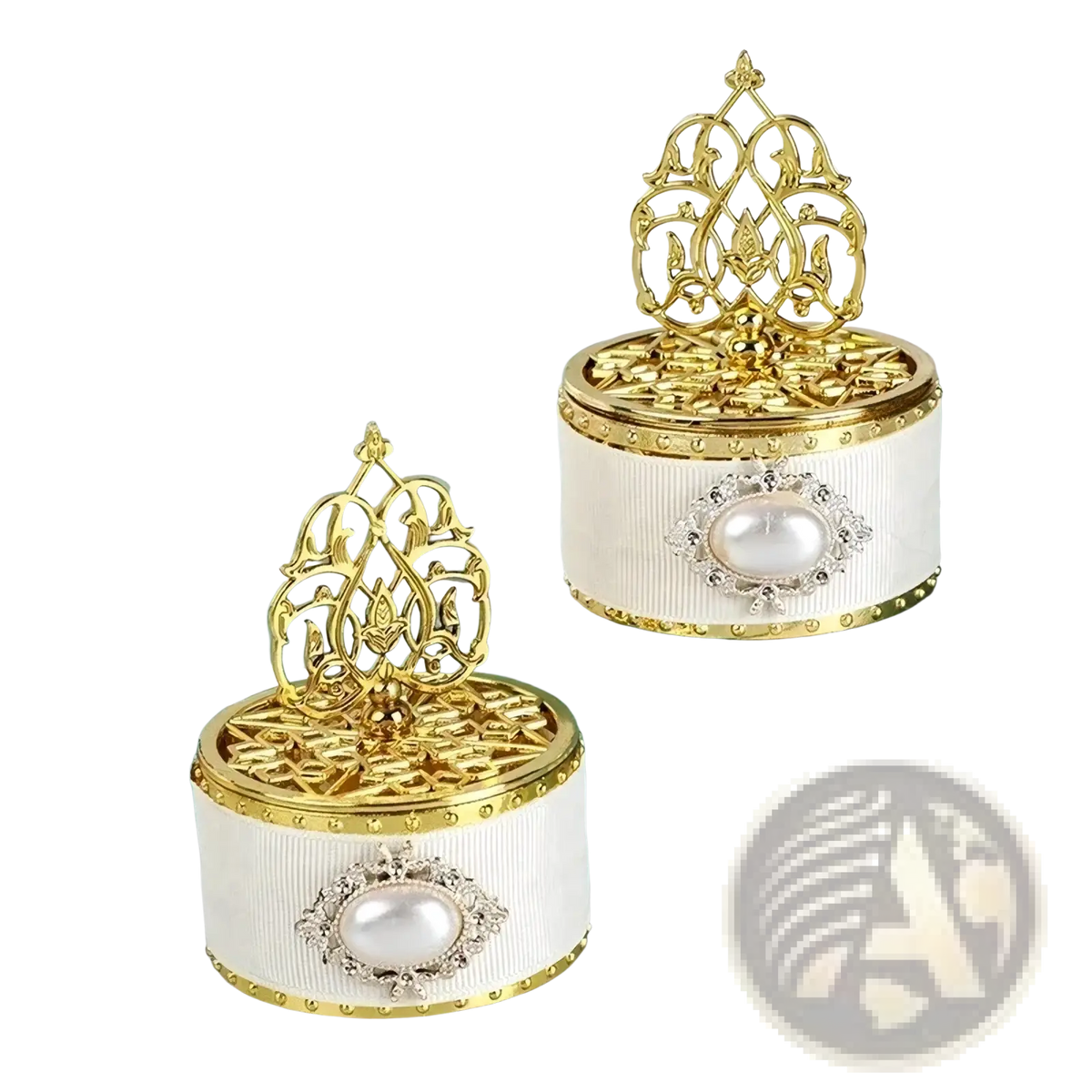 Gold wedding candy box decorative favor container with gold and white filigree lids pearl and diamond-like accents