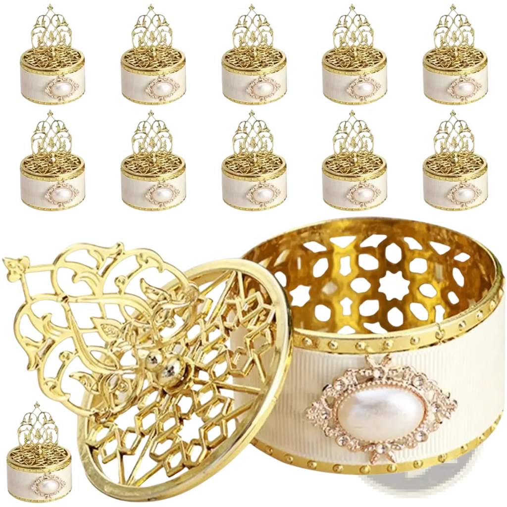 Gold wedding candy box decorative pearl favor container with ornate cream filigree lid and intricate metalwork details