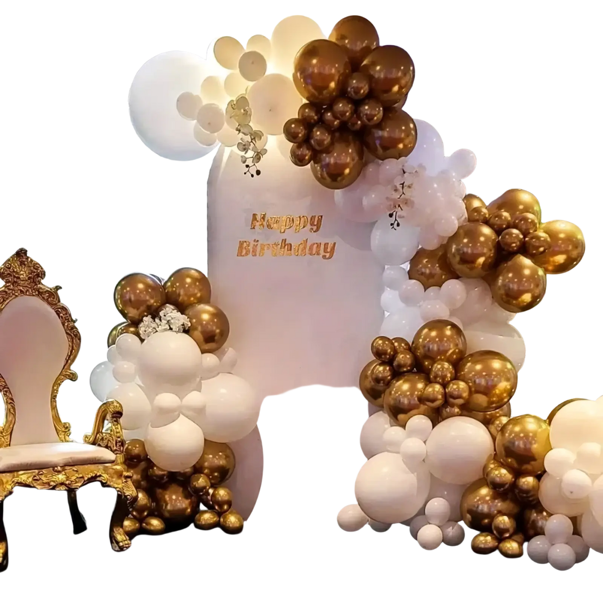 Elegant gold and white balloon arch kit 156pcs featuring a happy birthday sign for festive decorations
