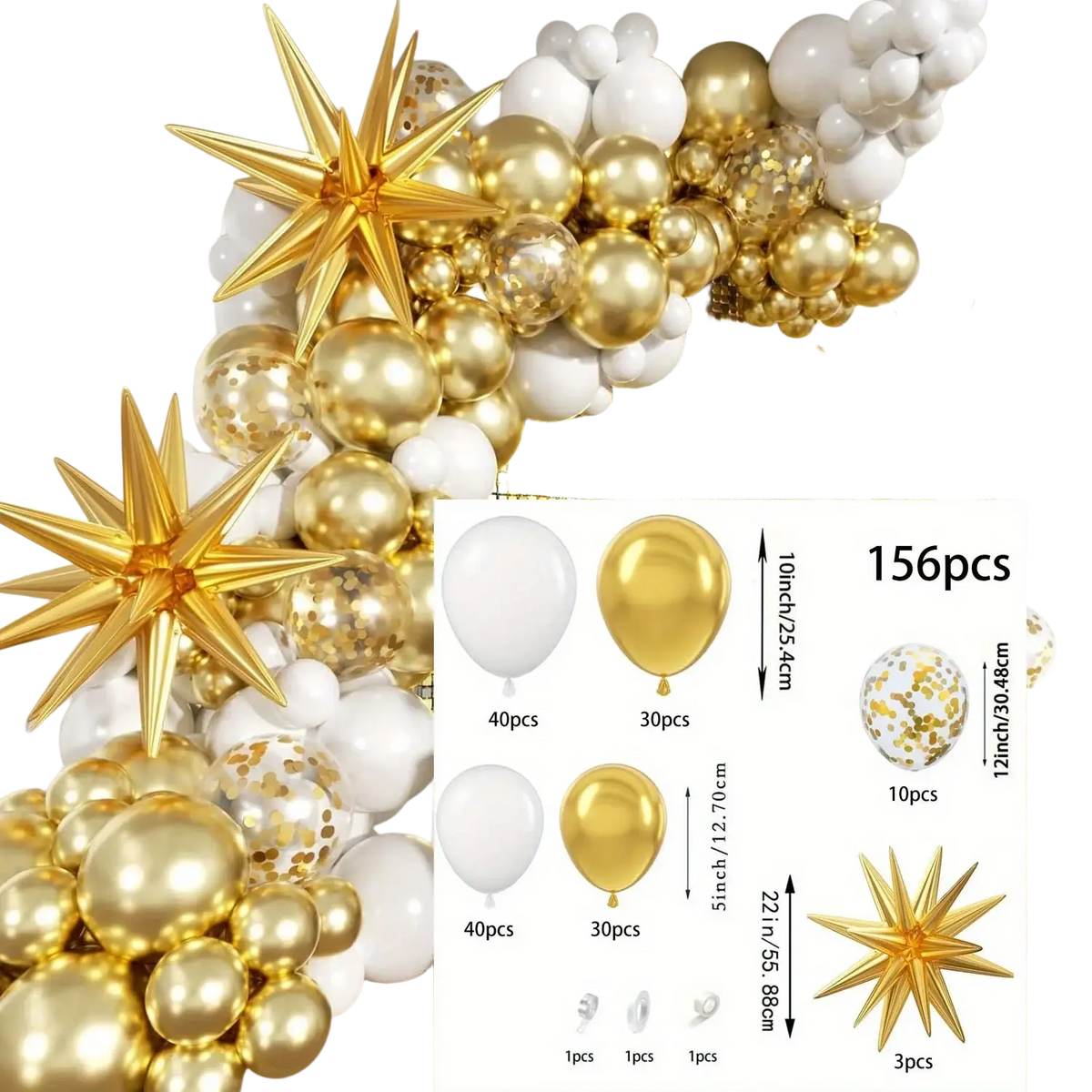 Gold and white metallic balloon arch kit with 156 pieces including star-shaped decorations for festive events