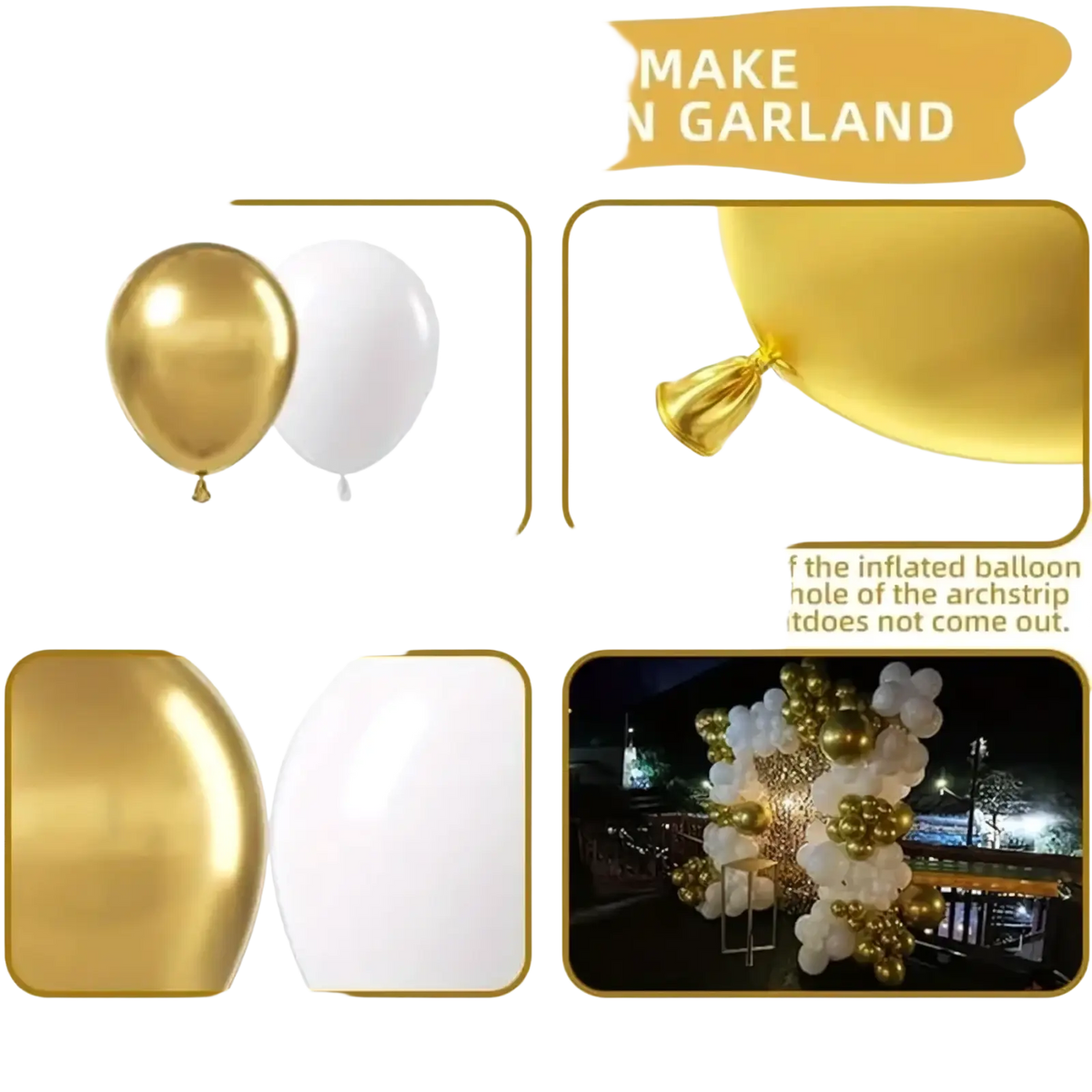 Gold and white metallic latex balloons in 156pcs balloon arch kit for elegant garland decoration events