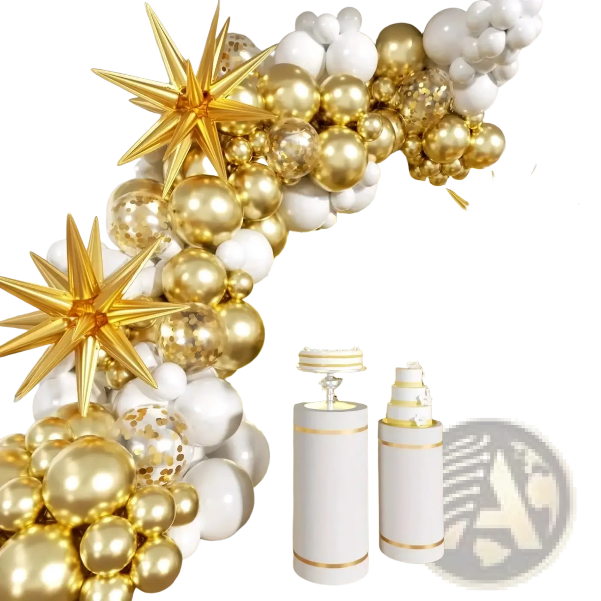 A shimmering gold and white balloon arch kit with 156pcs and star-shaped decorations for festive occasions