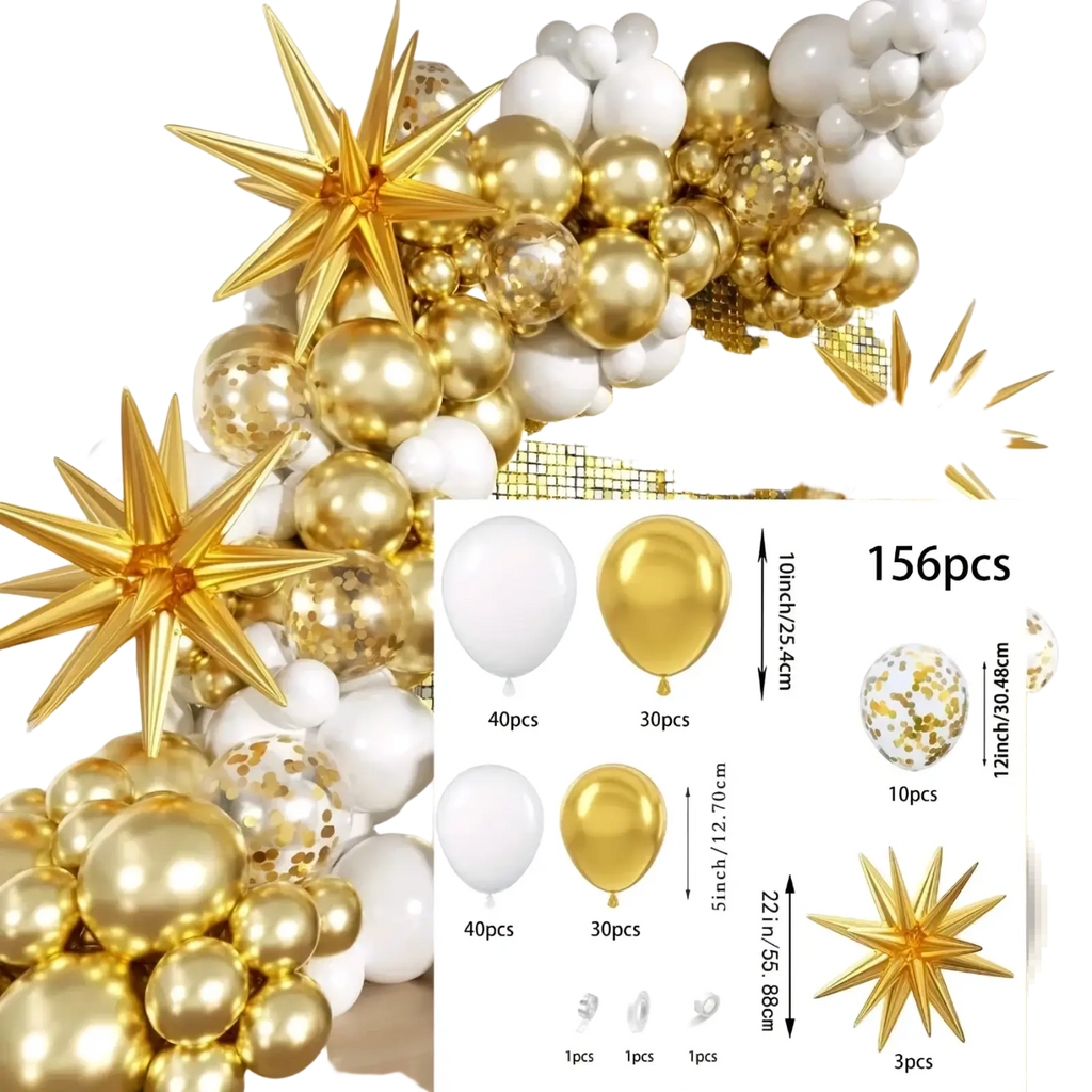 Gold and white metallic balloon arch kit 156pcs with star-shaped accents for elegant party decorations