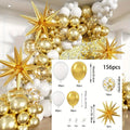 Gold and white metallic balloon arch kit with 156 pieces including star-shaped decorations for festive events
