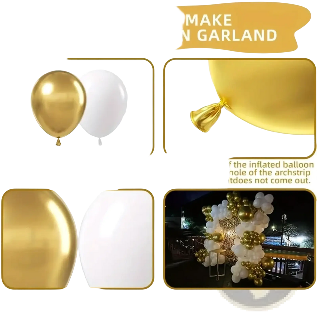 Gold and white metallic latex balloons in 156pcs balloon arch kit for elegant garland decoration events