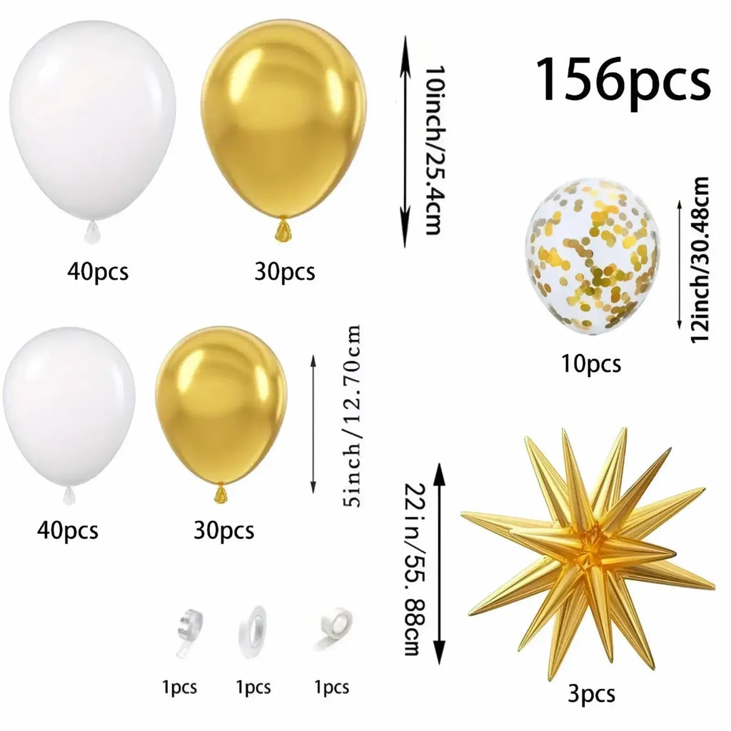 A set of 156 party balloons in white metallic gold and glittering gold confetti with a golden star centerpiece