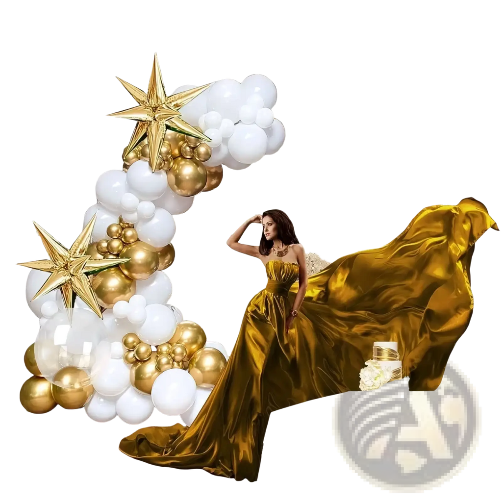 A woman in a gold satin gown stands beneath a gold and white balloon arch kit with star decorations and a shimmering backdrop