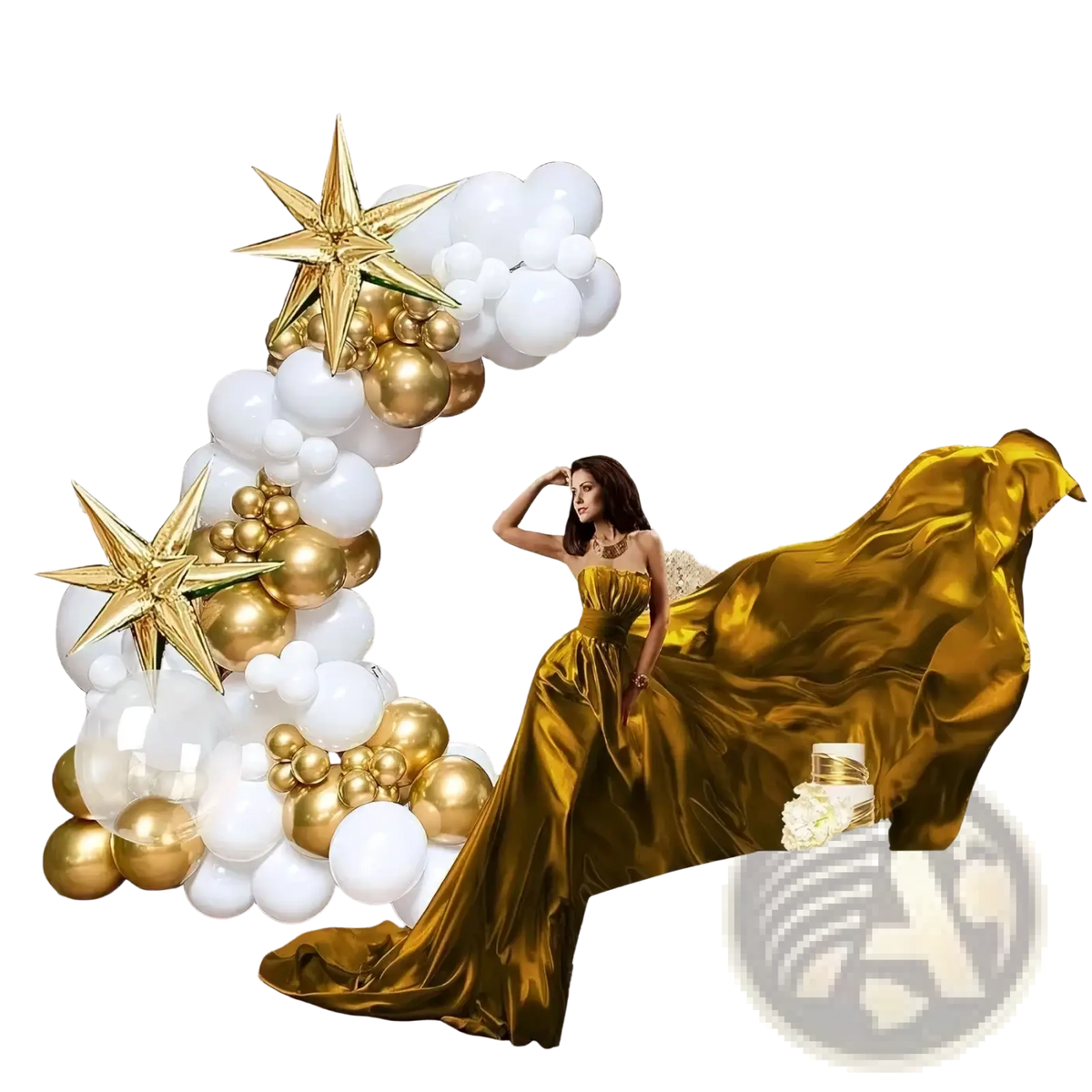 A woman in a gold satin gown stands beneath a gold and white balloon arch kit with star decorations and a shimmering backdrop