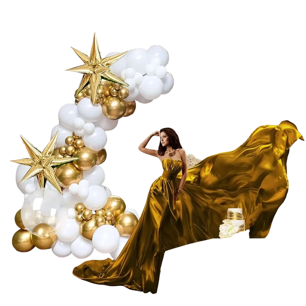 A woman in a gold satin gown stands beneath a gold and white balloon arch kit with star decorations and a shimmering backdrop
