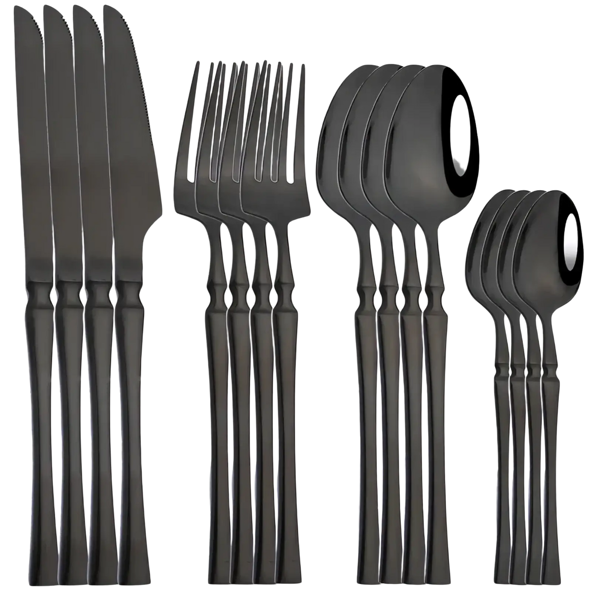 Black matte-finished stainless steel cutlery set with sleek modern handles and polished reflective bowls for elegant dining