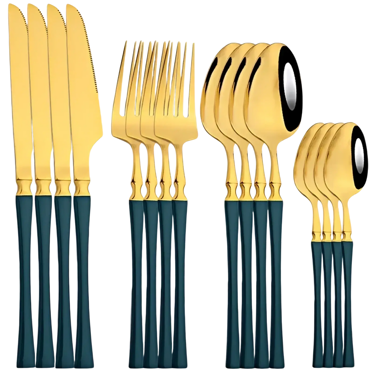 Gold and white stainless steel 16 piece flatware set with gold finished cutlery and dark teal handles