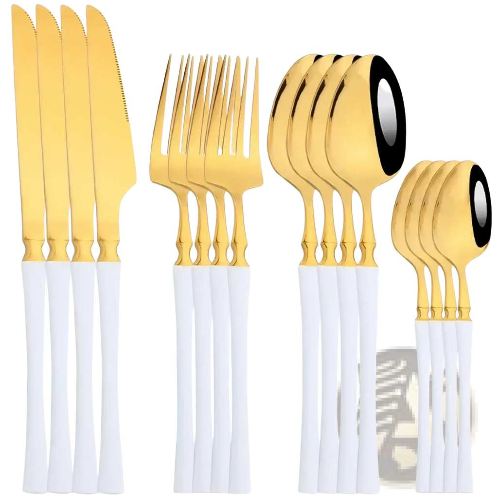 Gold and white stainless steel 16 piece flatware set with gold stainless steel and white ceramic handles