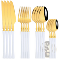 Gold and white stainless steel 16 piece flatware set with gold stainless steel and white ceramic handles