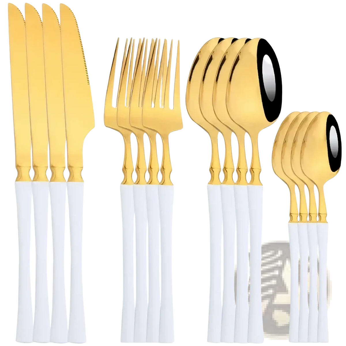 Gold and white stainless steel 16 piece flatware set with gold stainless steel and white ceramic handles
