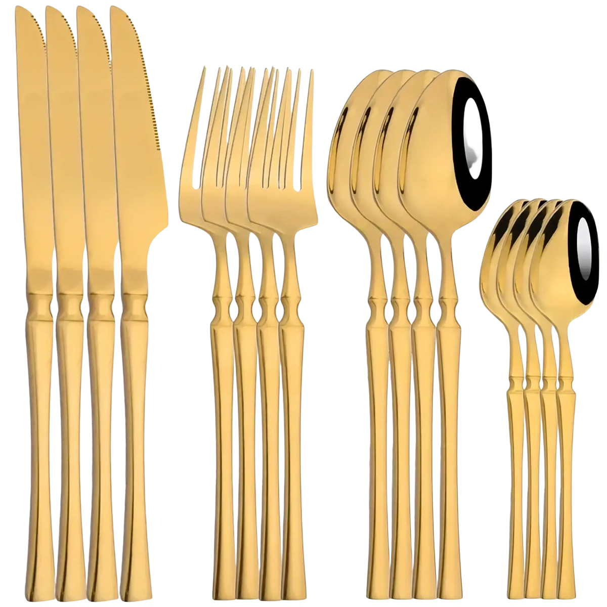 Gold and white stainless steel 16 piece flatware set featuring golden tapered handles and black-rimmed spoon bowls