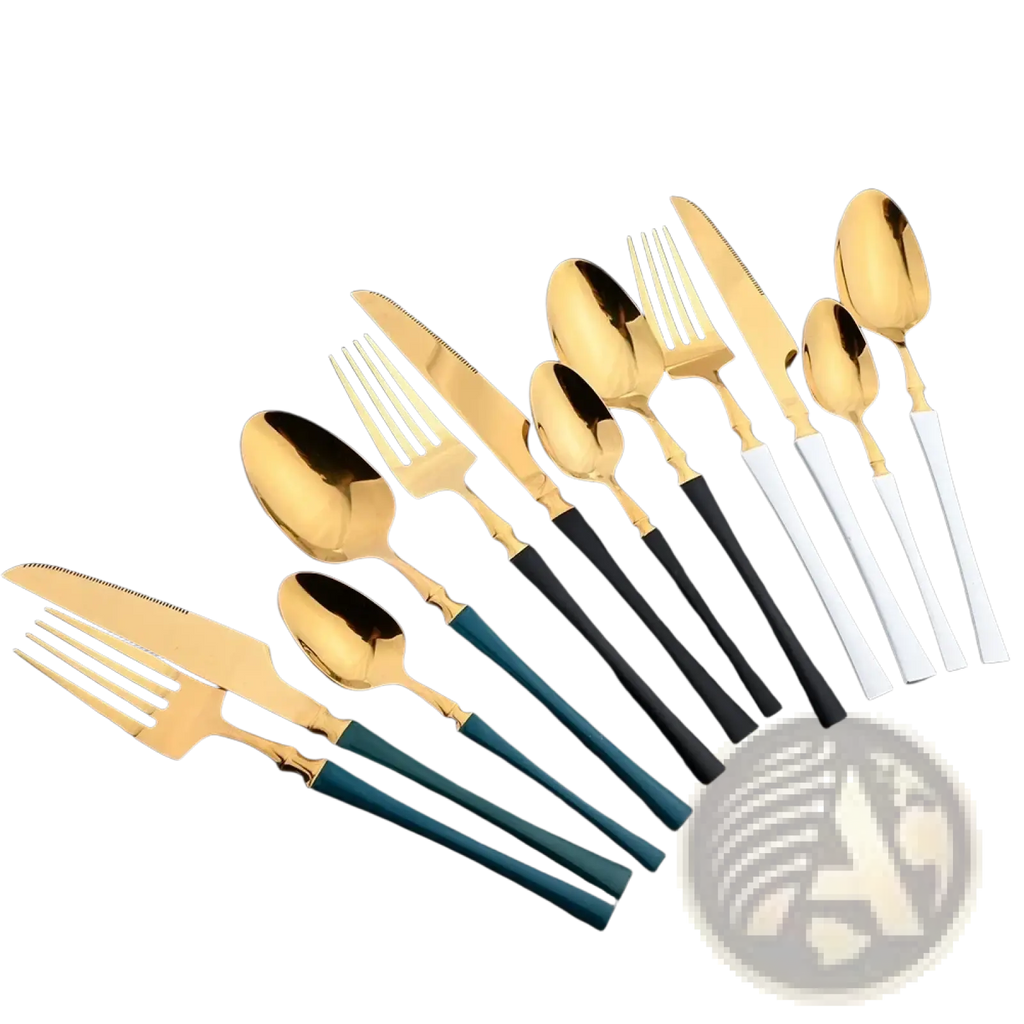 Set of 16 piece gold and white stainless steel flatware with gold-toned blades and black white or teal handles
