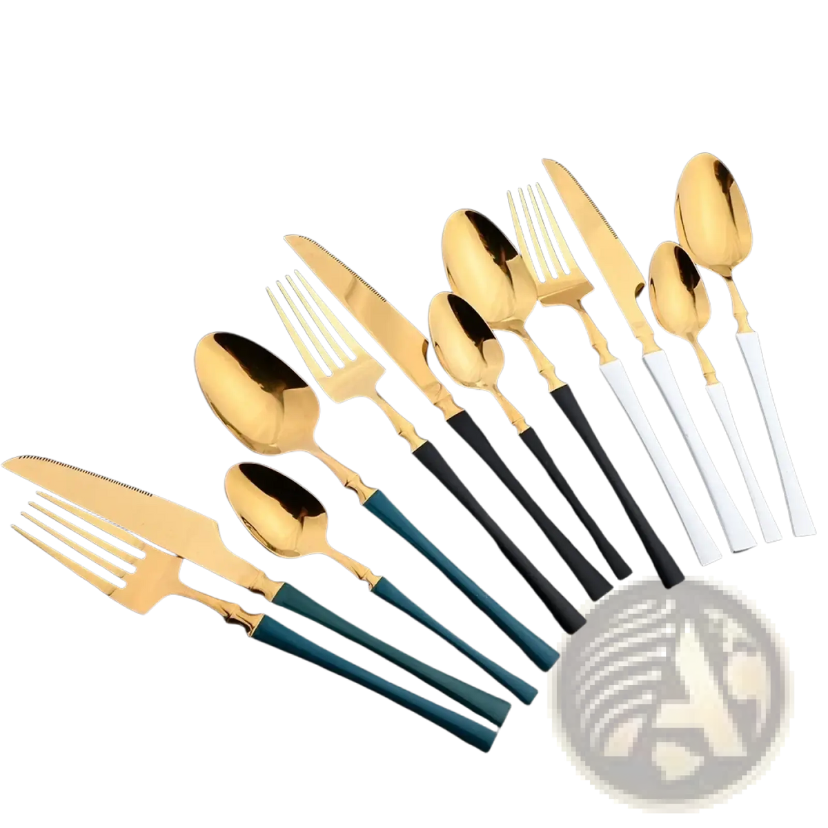 Set of 16 piece gold and white stainless steel flatware with gold-toned blades and black white or teal handles