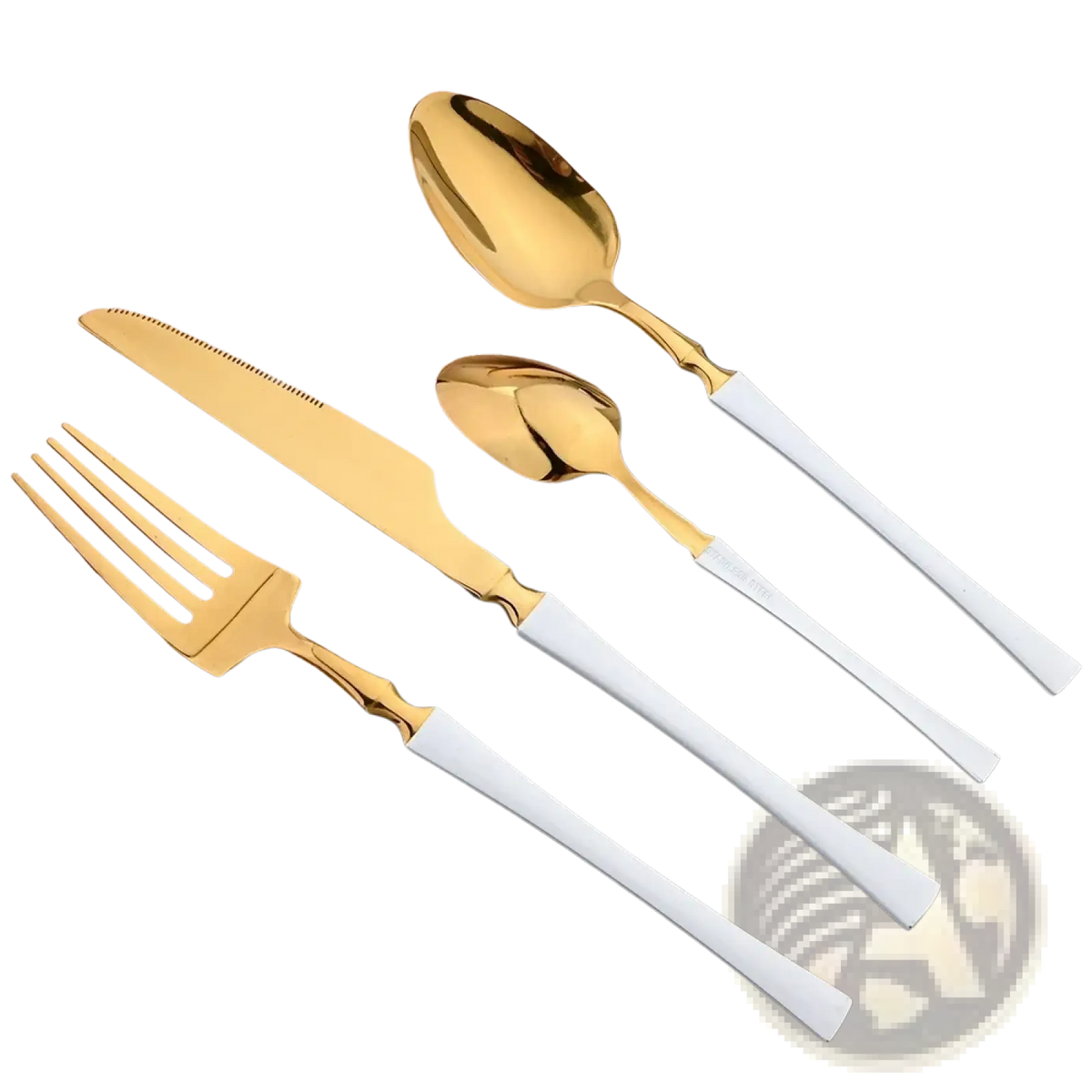 Gold and white stainless steel 16 piece flatware set with two tone polished metallic blades and handles in modern design