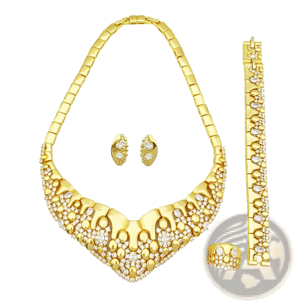 Gold zircon geometric jewelry set featuring gold-colored rhinestone-encrusted necklace, matching earrings, bracelet, and ring