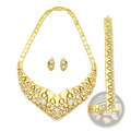 Gold zircon geometric jewelry set featuring gold-colored rhinestone-encrusted necklace, matching earrings, bracelet, and ring