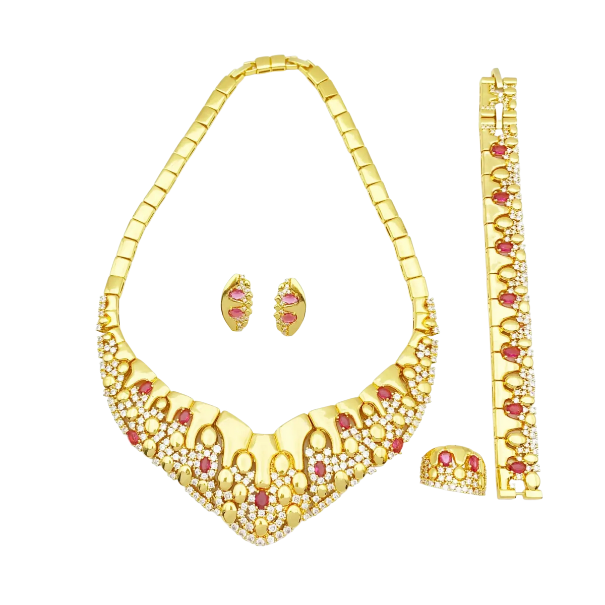 Gold zircon geometric jewelry set with a gold statement necklace featuring red and clear gemstones, matching earrings, bracelet, and ring