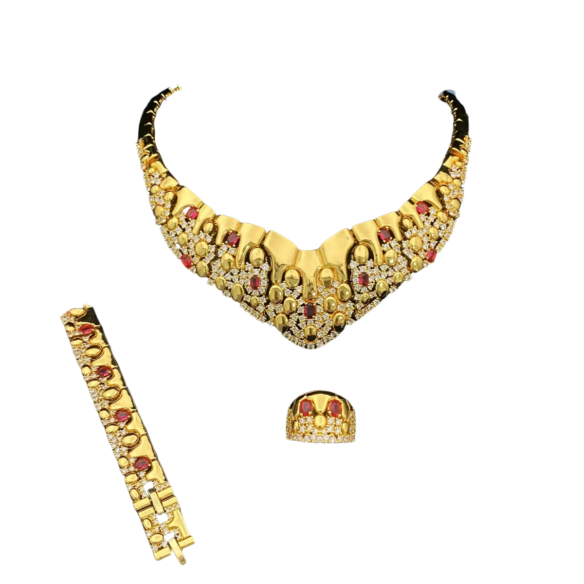 Gold zircon geometric jewelry set featuring a bold gold necklace with red and clear gemstone accents
