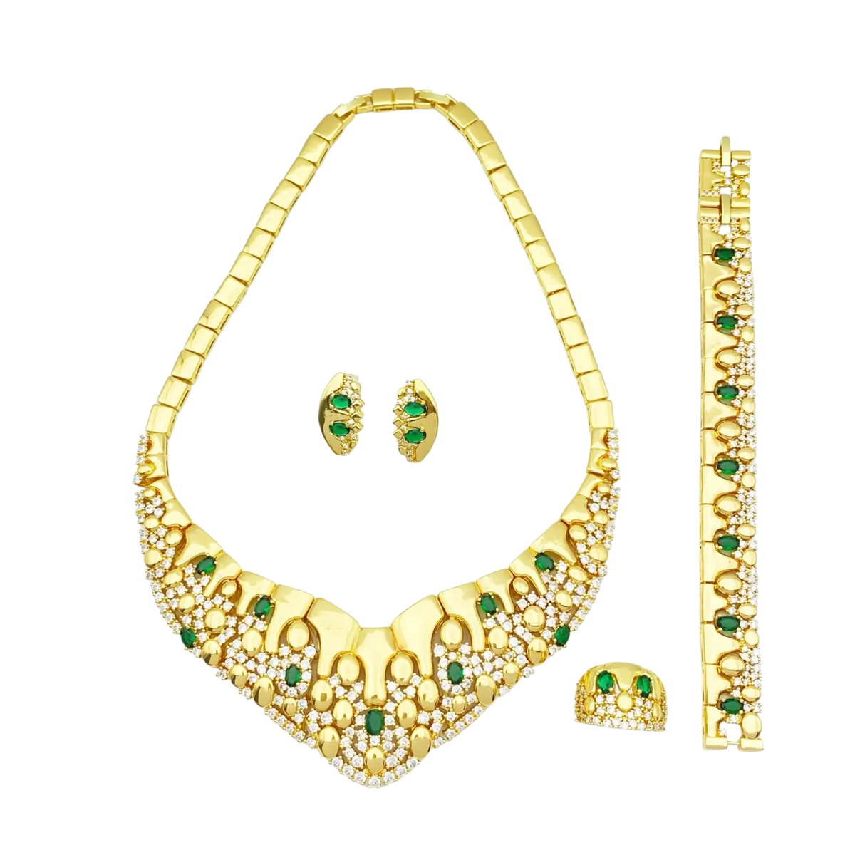 Gold zircon geometric jewelry set with gold-colored necklace featuring emerald green stones and clear crystals with matching earrings bracelet and ring