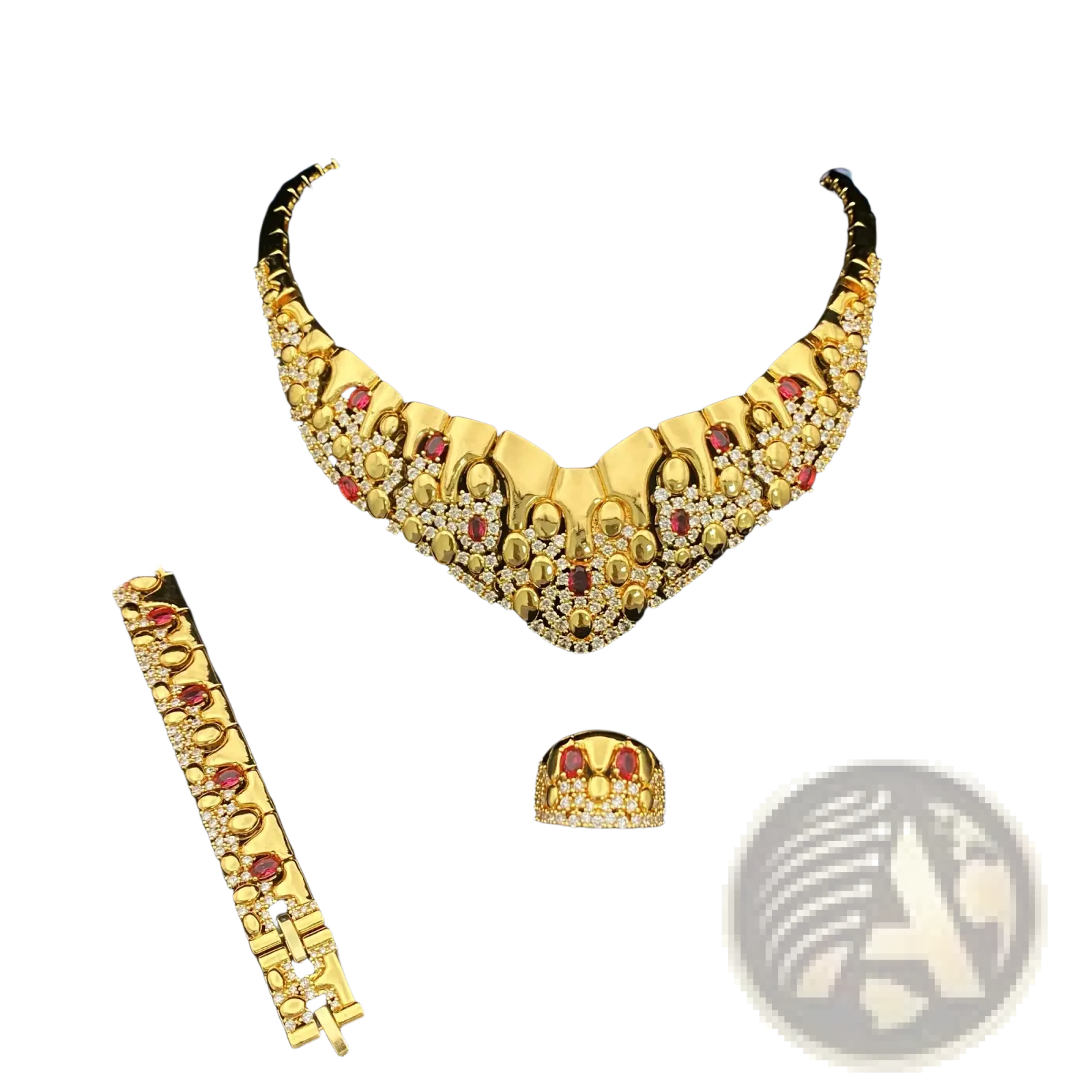 Gold zircon geometric jewelry set featuring a bold gold necklace with red and clear gemstone accents