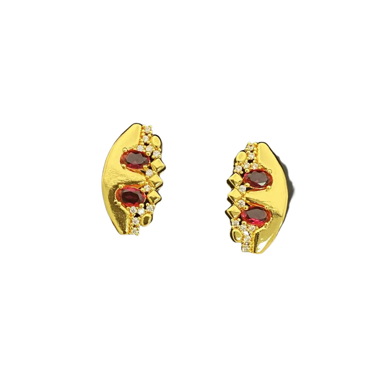 Gold zircon geometric jewelry set gold earrings with three oval red gemstones and clear stones in leaf design