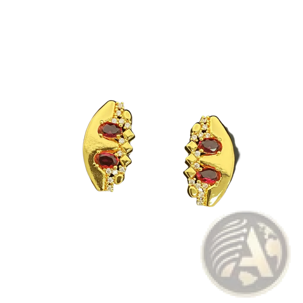 Gold zircon geometric jewelry set gold earrings with three oval red gemstones and clear stones in leaf design