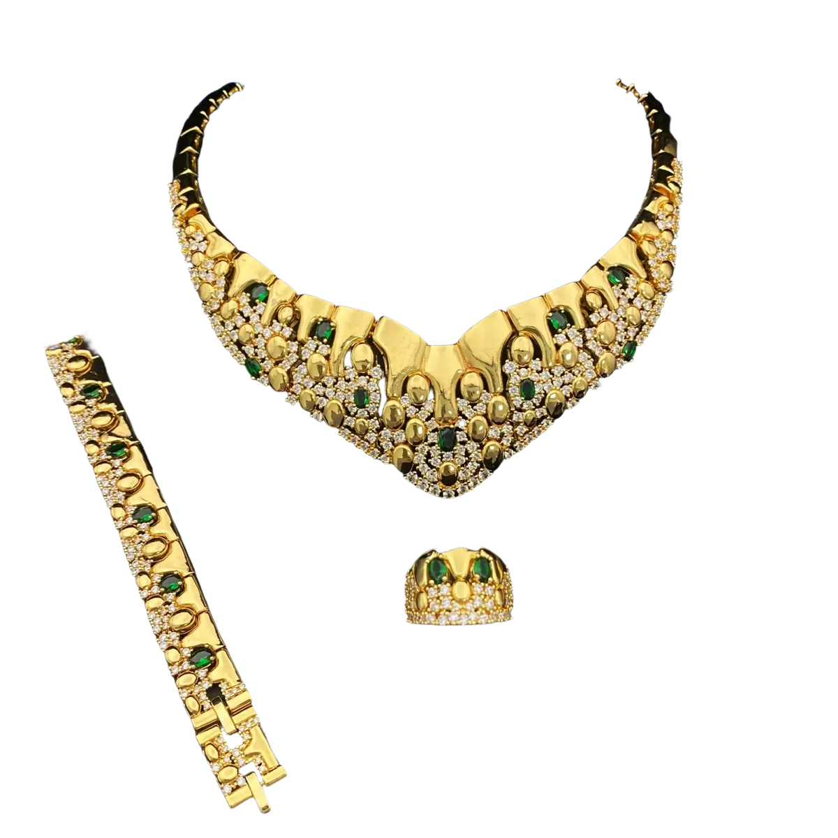 Gold zircon geometric jewelry set featuring a gold necklace with intricate designs, green emerald stones, and clear crystals