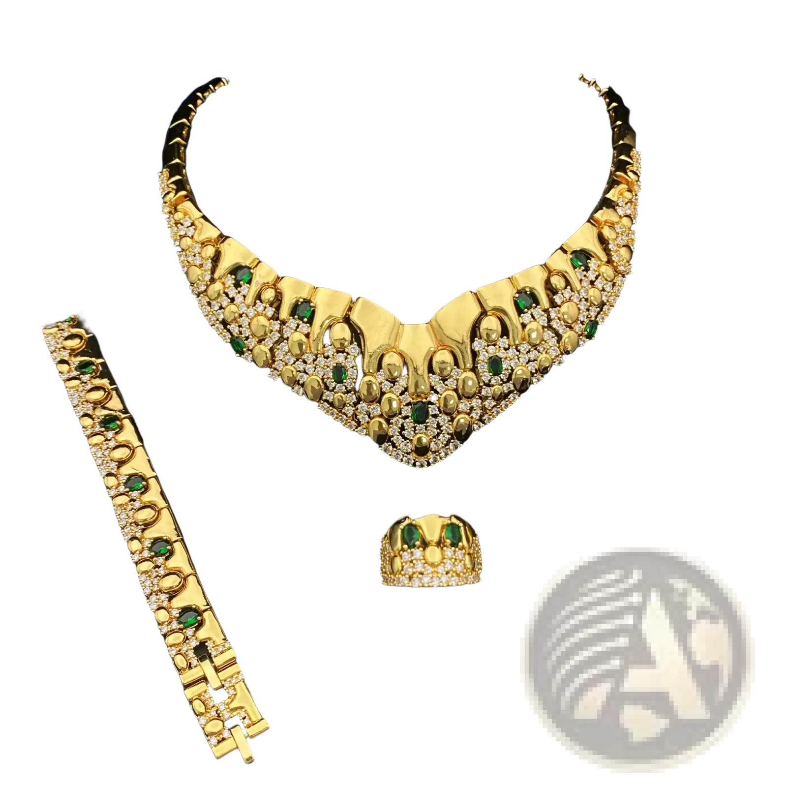 Gold zircon geometric jewelry set featuring a gold necklace with intricate designs, green emerald stones, and clear crystals