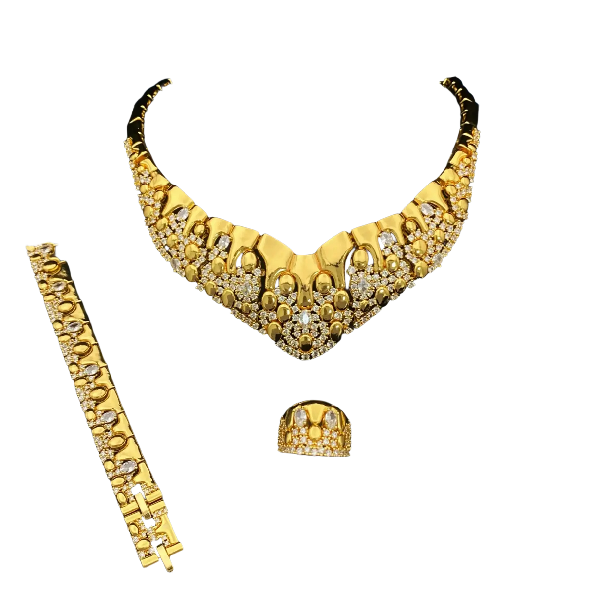 Gold zircon geometric jewelry set featuring a gold-colored ornate necklace with clear crystal-embedded patterns