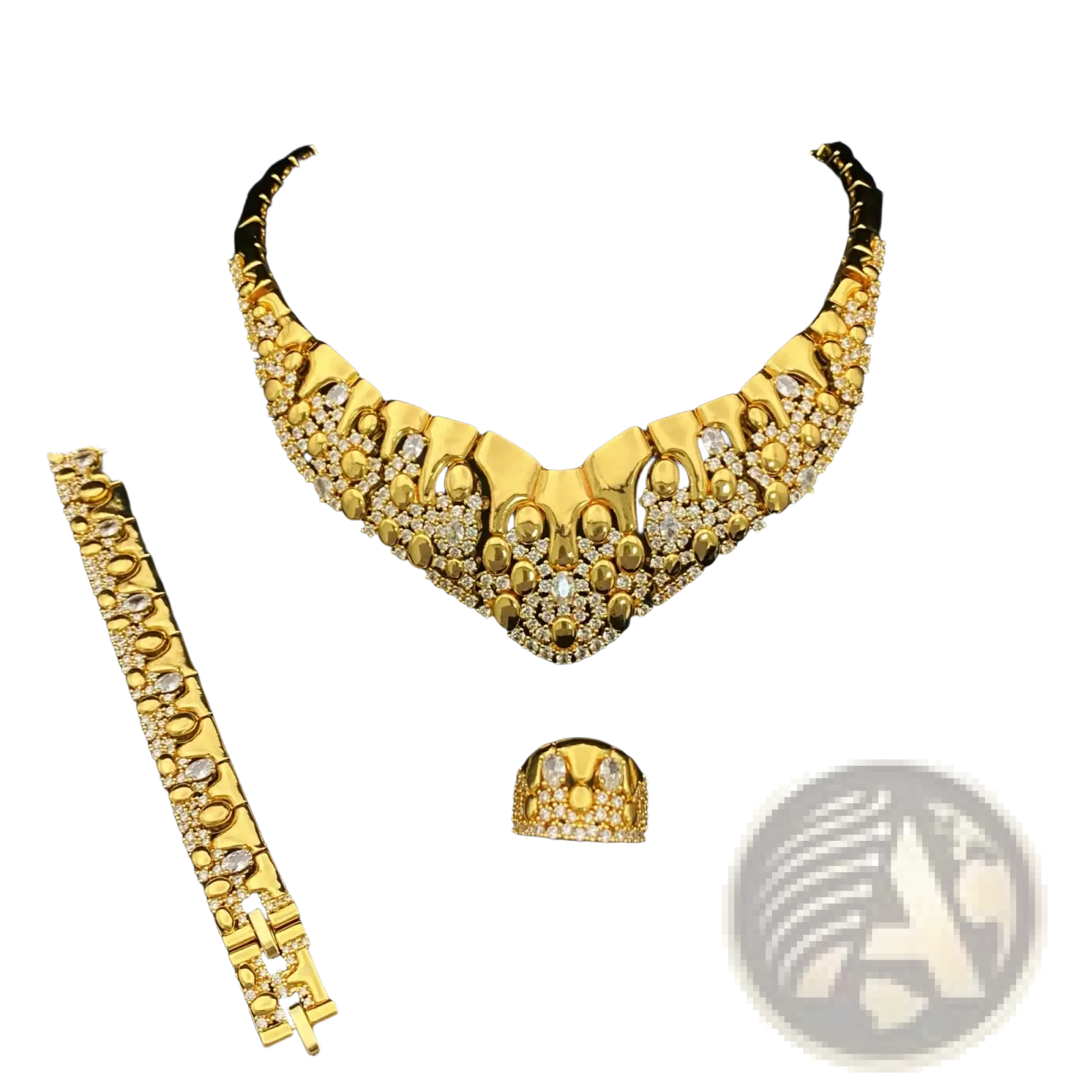 Gold zircon geometric jewelry set featuring a gold-colored ornate necklace with clear crystal-embedded patterns
