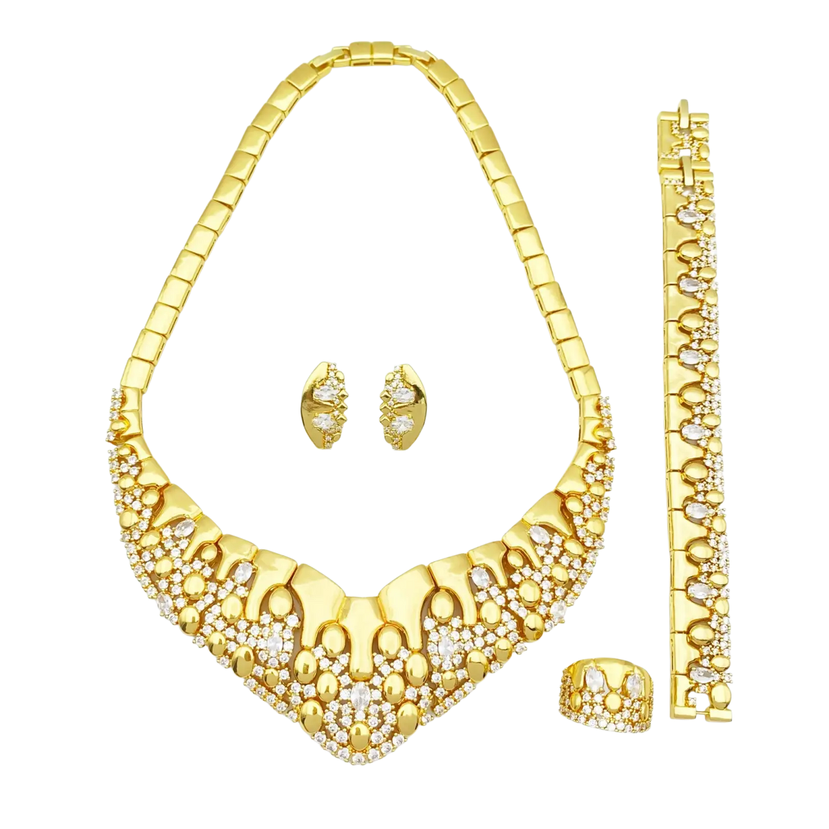 Gold zircon geometric jewelry set featuring gold-colored rhinestone-encrusted necklace, matching earrings, bracelet, and ring